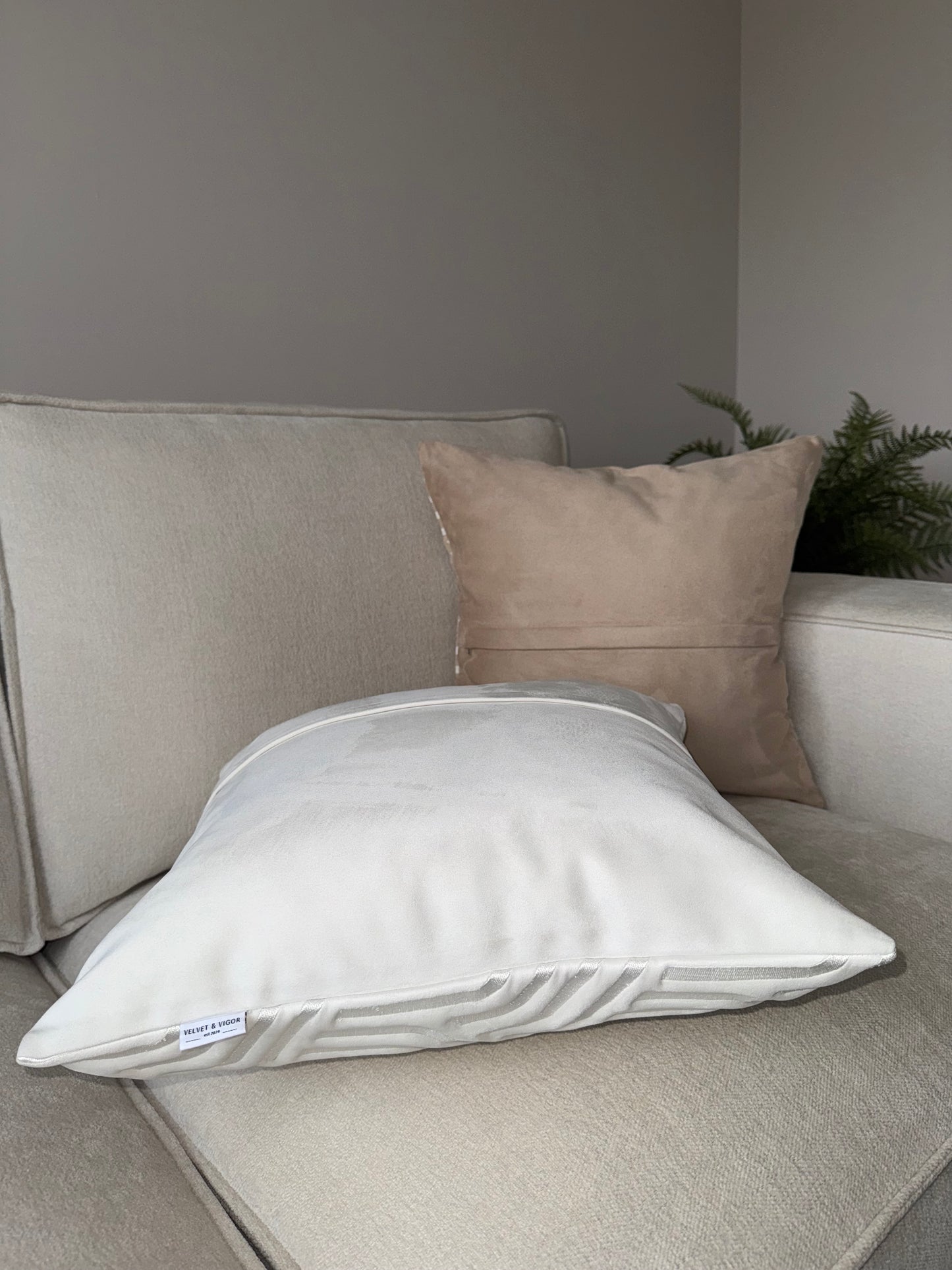 Handmade Luxury Cushion-45x45-White;Taupe-Unique Home Decor-Velvet & Vigor