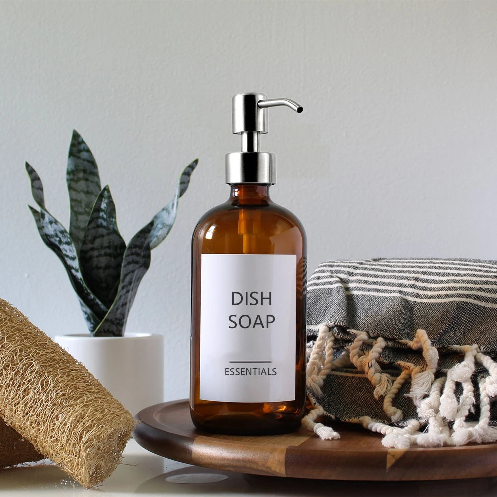 Amber Glass Soap Dispenser-Waterproof Labels-Kitchen Accessories-Set of 2-Velvet & Vigor
