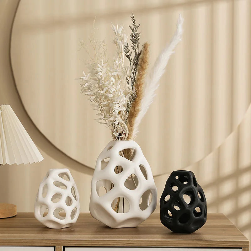 Ceramic Hollow Cut Out Vase-White;Black-Modern Home Decor-Velvet&Vigor