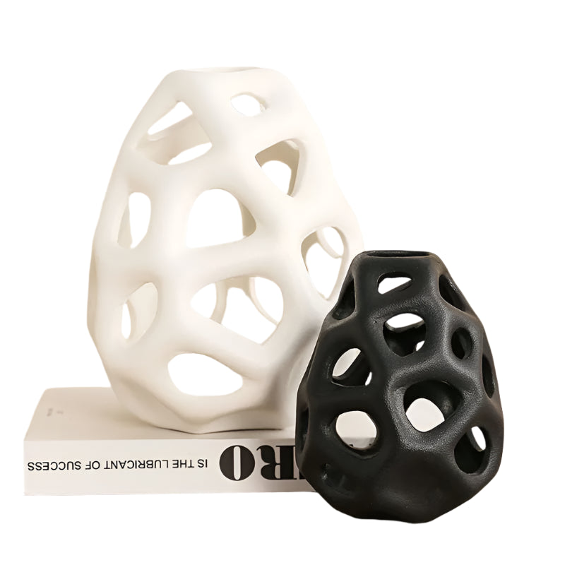 Ceramic Hollow Cut Out Vase-White;Black-Modern Home Decor-Velvet&Vigor