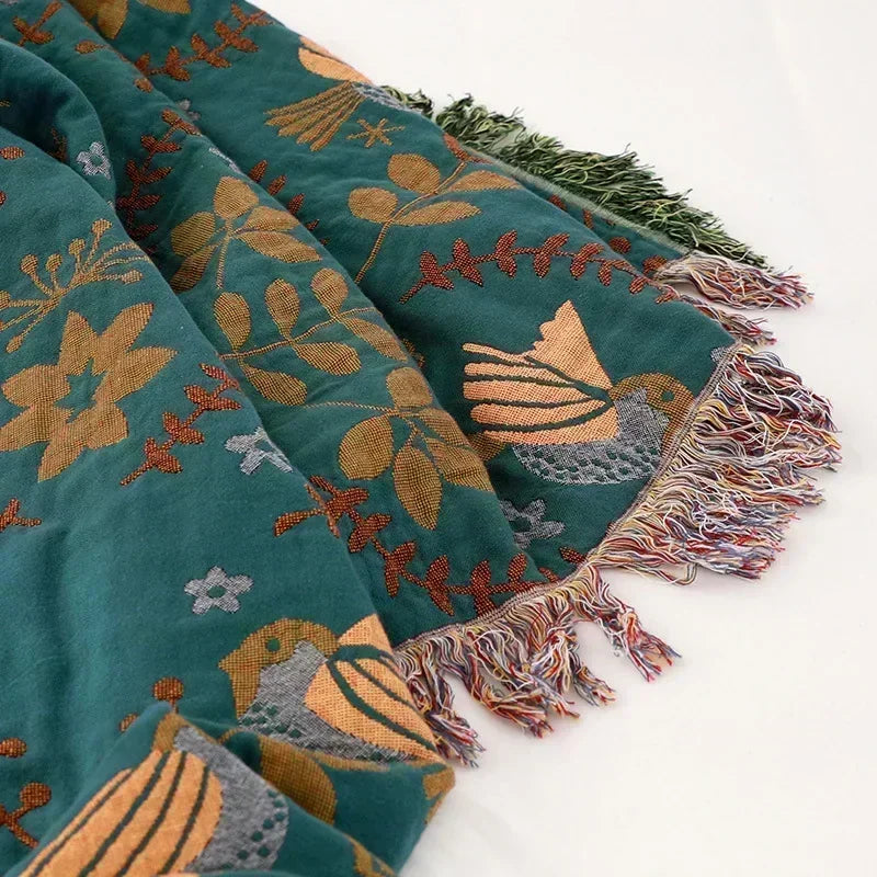 Handmade Bird Print Throw-100% Cotton-150x200cm-Velvet&Vigor