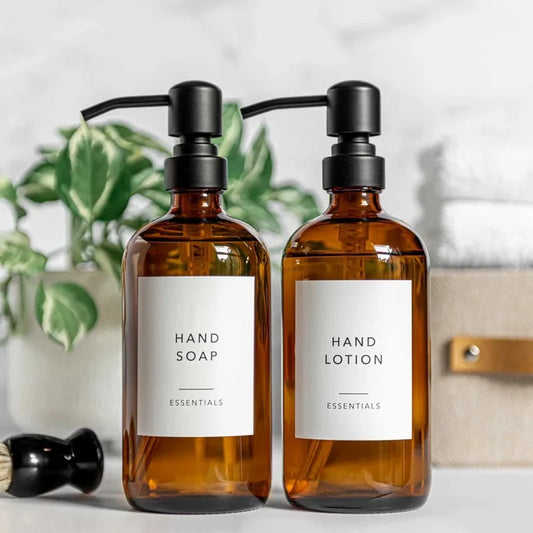 Amber Glass Soap Dispenser-Waterproof Labels-Kitchen Accessories-Set of 2-Velvet & Vigor 
