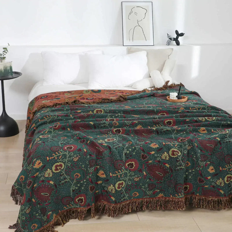 Handmade Bird Print Throw-100% Cotton-150x200cm-Velvet&Vigor