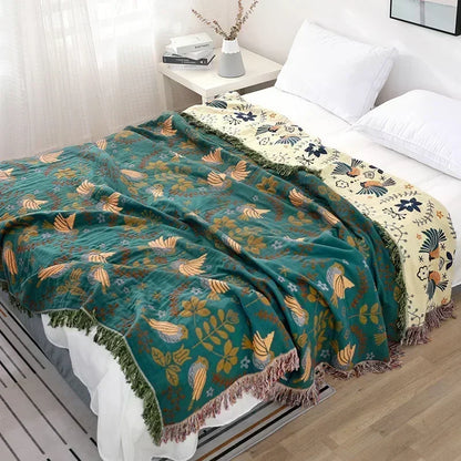 Handmade Bird Print Throw-100% Cotton-150x200cm-Velvet&Vigor