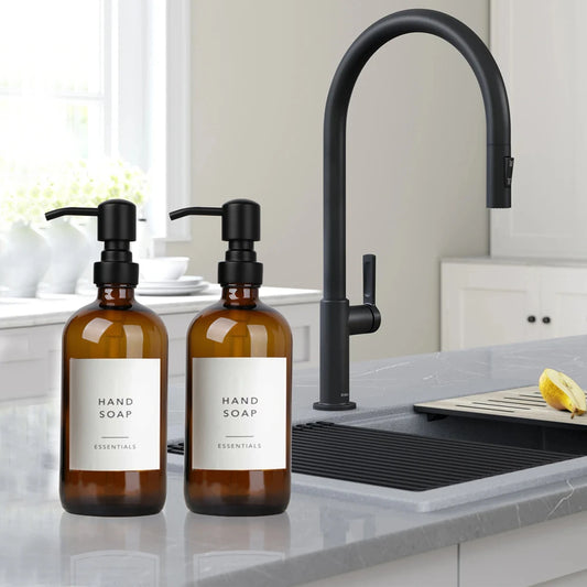 Amber Glass Soap Dispenser-Waterproof Labels-Kitchen Accessories-Set of 2-Velvet & Vigor 