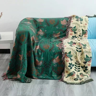 Handmade Bird Print Throw-100% Cotton-150x200cm-Velvet&Vigor